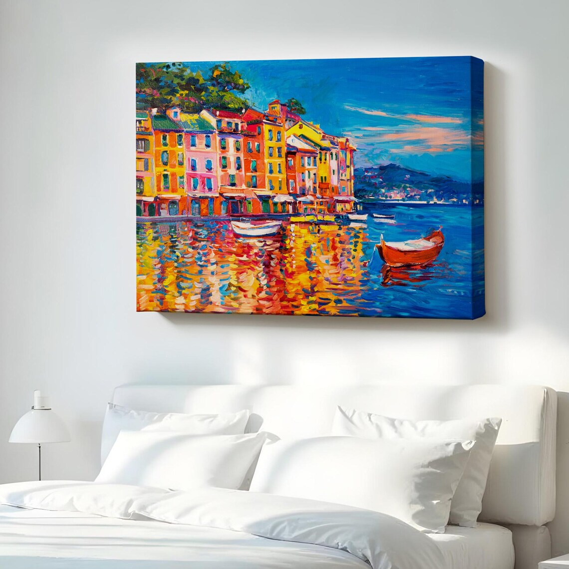 Colorful Italian Harbor Waterfront Boats Oil Painting Canvas Print