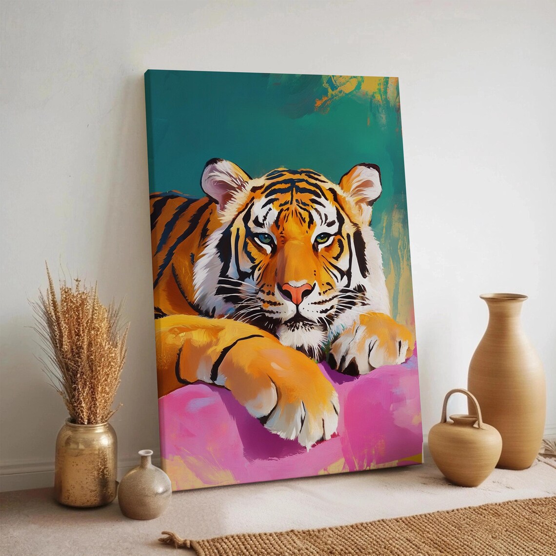Colorful Tiger Resting Portrait Poster Vibrant Teal Pink Jungle Animal Decor