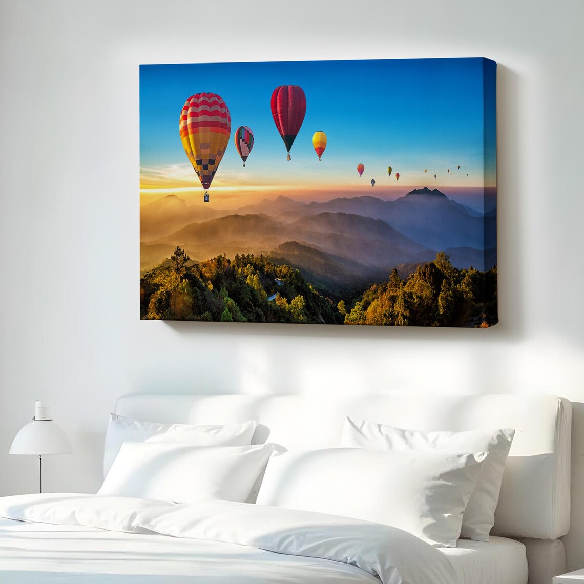Hot Air Balloons Sunrise Mountains Colorful Sky Landscape Poster