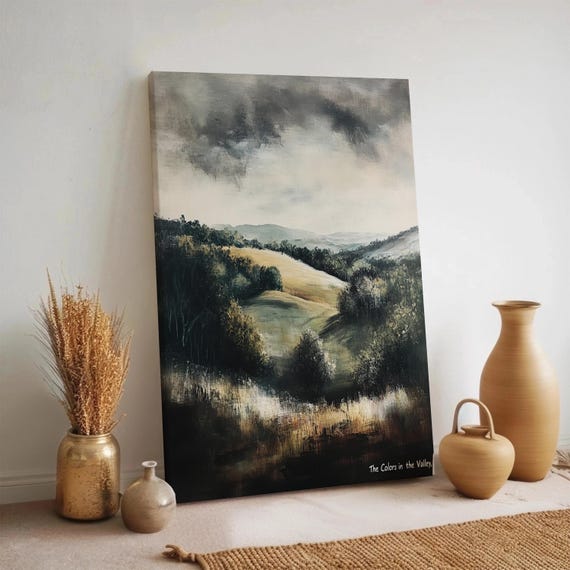 Valley Landscape Canvas Wall Art Moody Hillside Painting Neutral Mountain Nature Dramatic Sky Decor Framed Rustic Scenic Artwork
