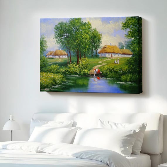 Woman Filling Water From The Stream Oil Painting Look Decorative Canvas Wall Art Nature Decor Print