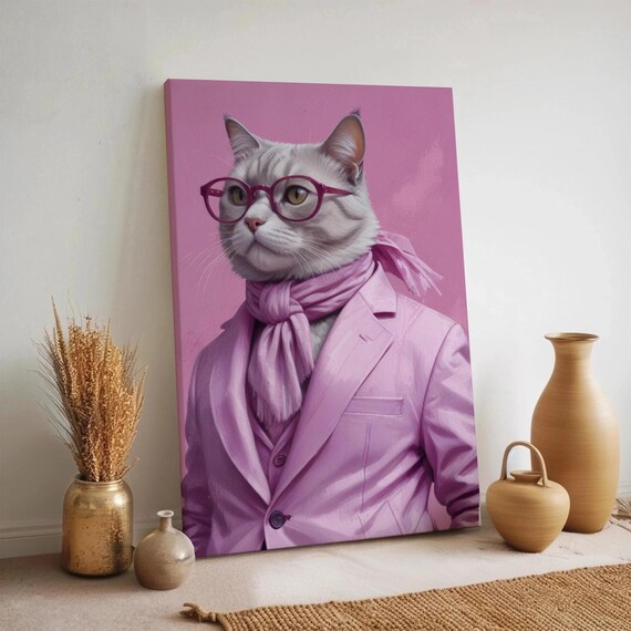 Hipster Cat Canvas Wall Art Funny Animal Portrait Print Stylish Pink Suit Kitty Quirky Glasses Decor Framed Feline Fashion Artwork