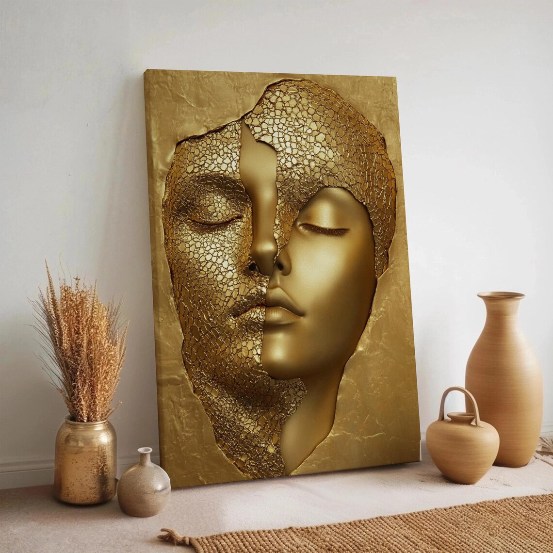 Golden Abstract Woman Face Sculpture Texture Painting Luxury Gold Wall Art