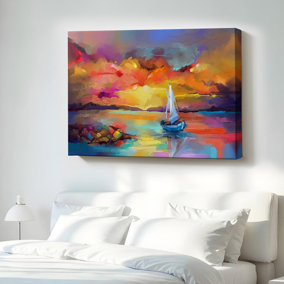 Sunset Sailboat Abstract Painting Vivid Orange Sky Sea Poster