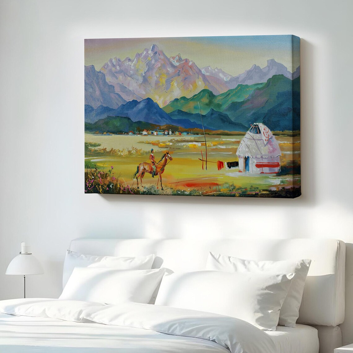 Kazakhstan Nomad Yurt Horseman Steppe Mountains Oil Style Poster