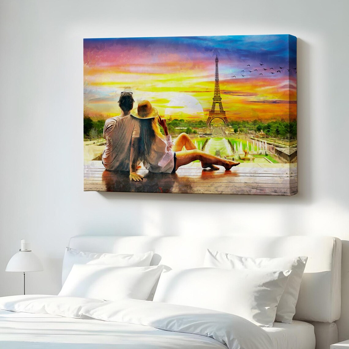 Romantic Couple Overlooking Eiffel Tower Sunset Paris Painterly Canvas Poster