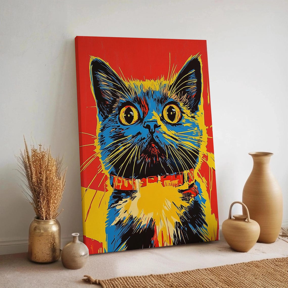 Pop Art Cat Face Neon Red Background Bold Modern Kitten Poster