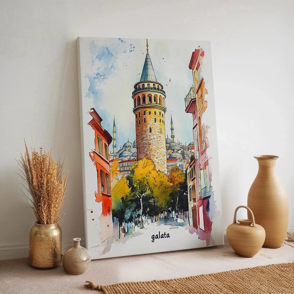 Galata Tower Istanbul Watercolor Poster Colorful Historic Street Landmark Art Decor