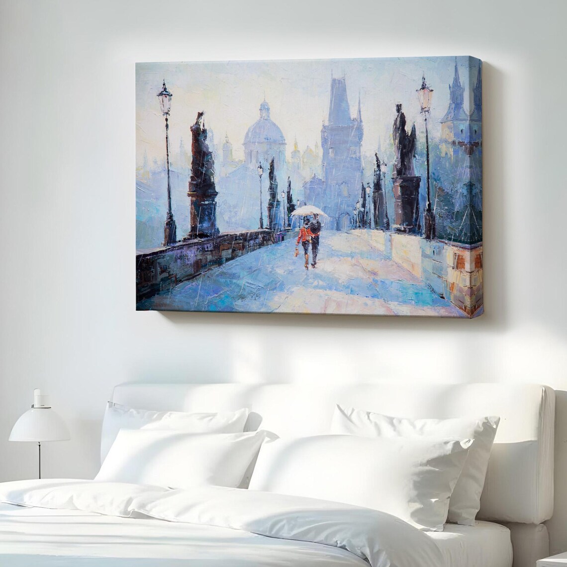 Couple with Umbrella on Charles Bridge Prague Romantic Cityscape Painting Poster