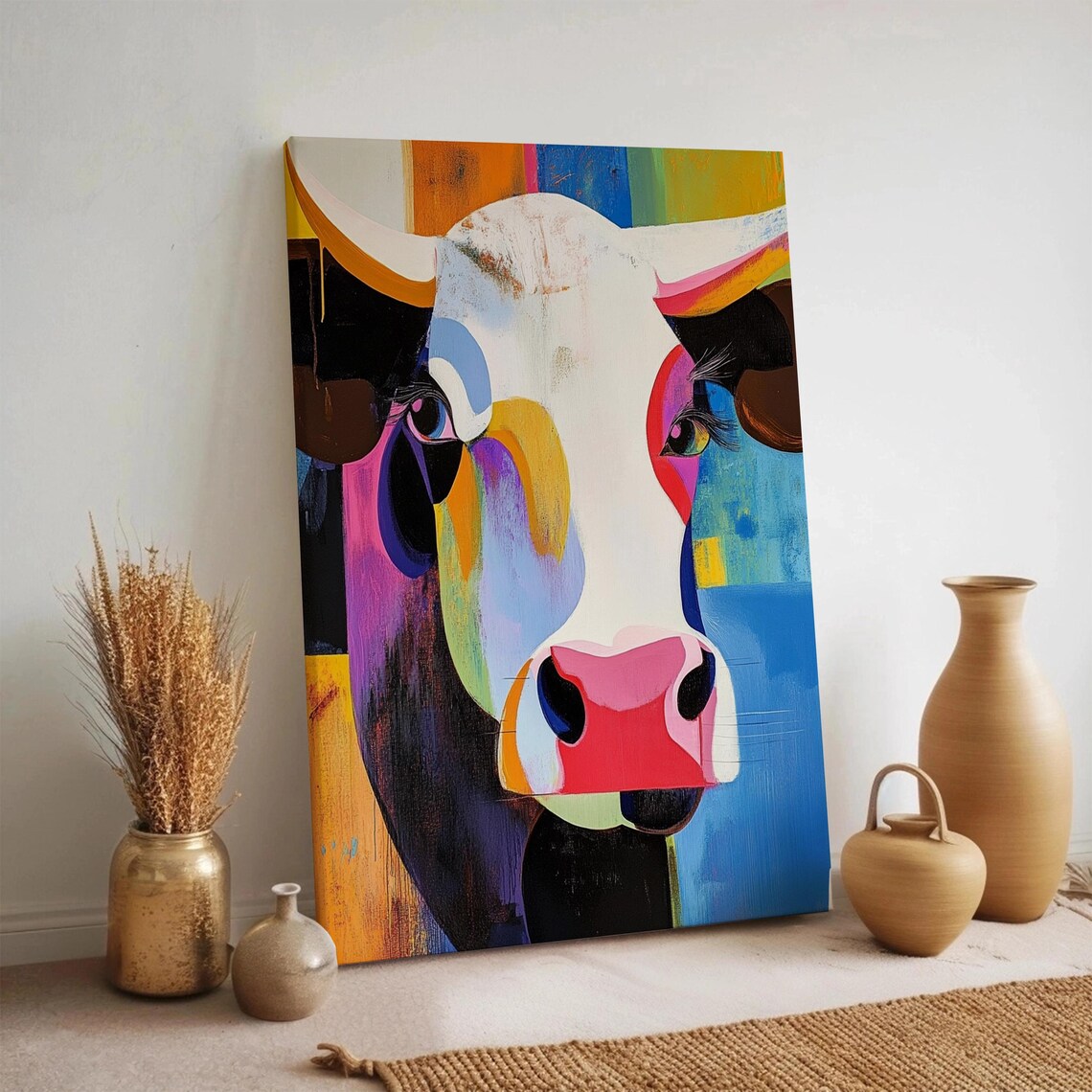 Colorful Cow Portrait Poster Vibrant Pop Art Farm Animal Modern Wall Decor Gift