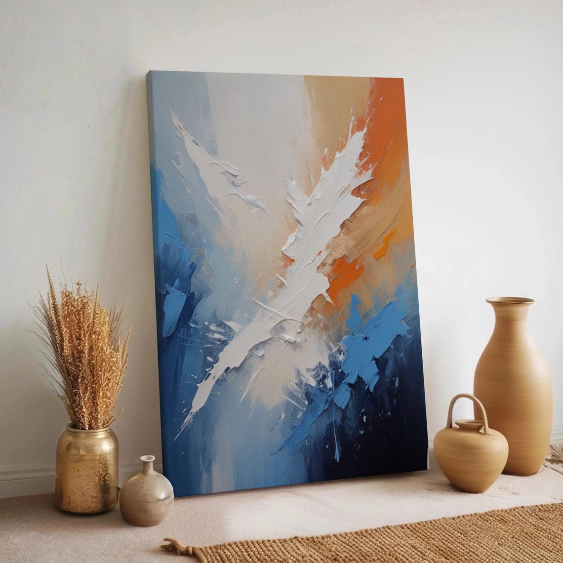 Abstract Blue Orange Textured Brushstroke Modern Canvas Wall Art