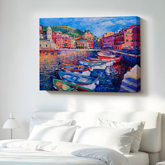 Colorful Coastal Harbor Village Bright Fishing Boats Art Poster