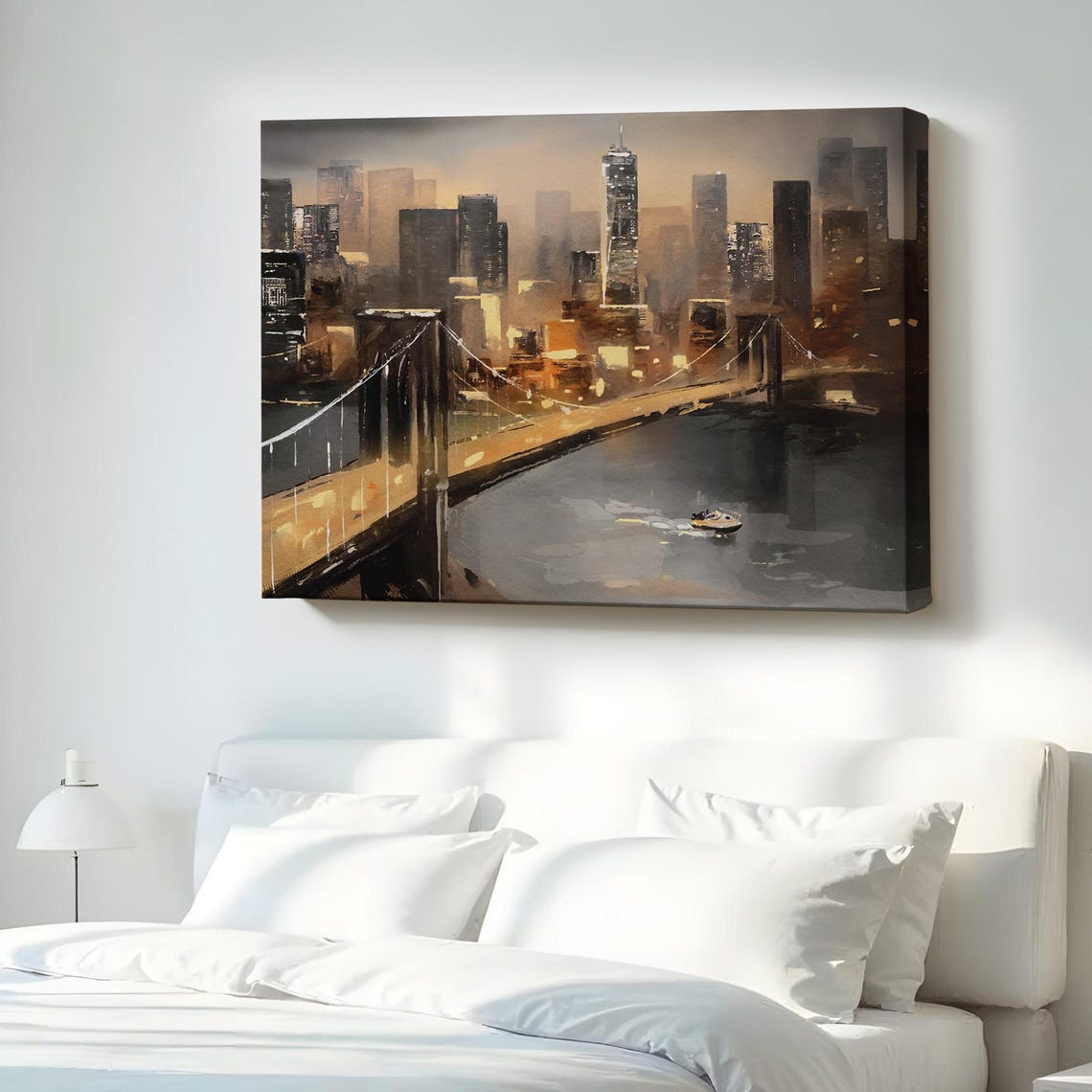 New York City Brooklyn Bridge Sunset Skyline Art Painting Poster