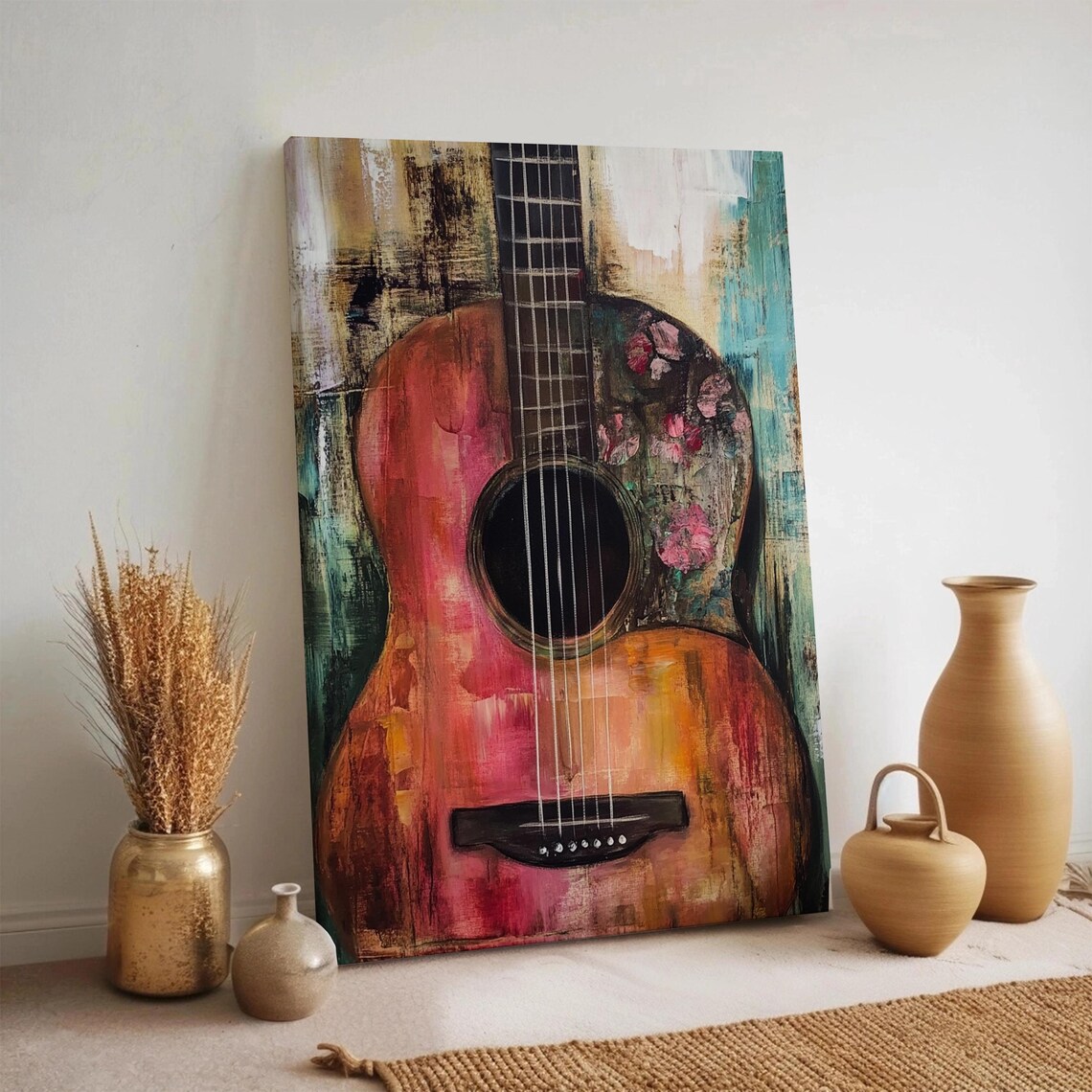 Colorful Abstract Guitar Floral Painting Poster Red Teal Music Room Wall Decor