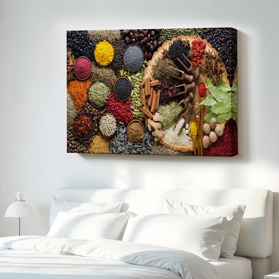 Colorful Spices Wooden Table Top Down Canvas Kitchen Art Poster