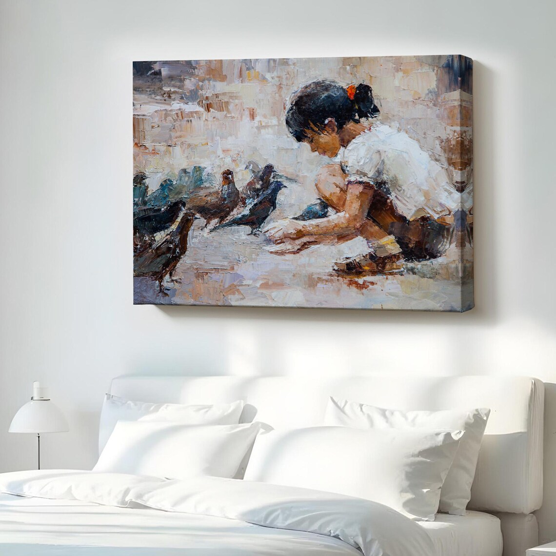 Little Girl Feeding Pigeons Heartwarming Oil Painting Style Poster