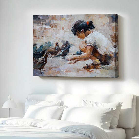 Little Girl Feeding Pigeons Decorative Wall Painting Canvas Room Decor Art Home Large Hanging