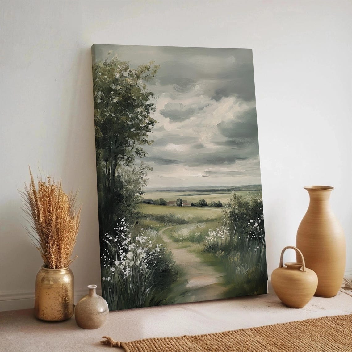 Stormy Countryside Path Wildflower Meadow Landscape Painting Poster