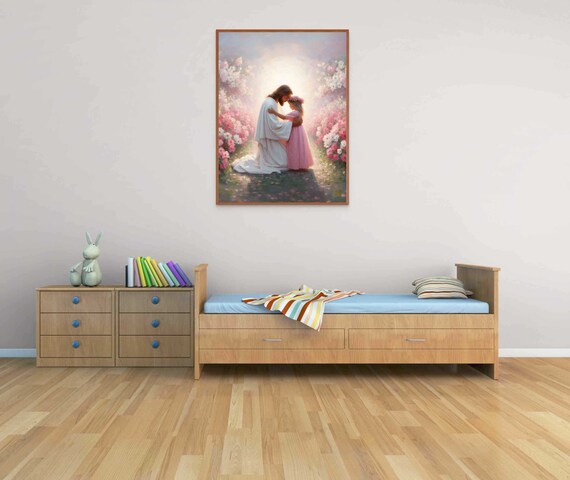 Jesus Christ Embracing Girl in Radiant Blossom Garden Poster