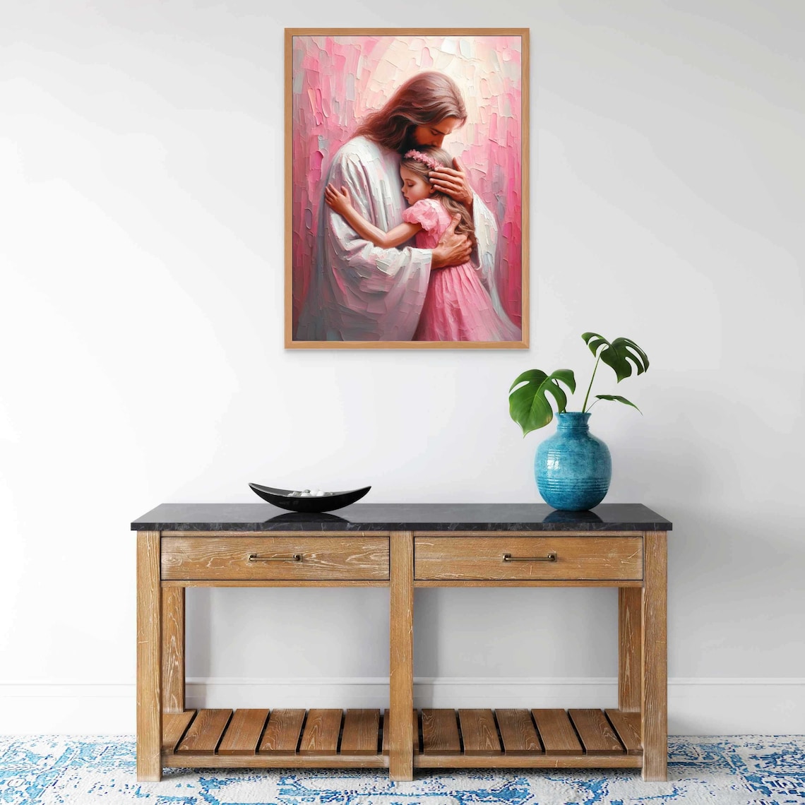 Jesus Blessing Little Girl Pink Impasto Embrace Tender Christian Poster - Image 5