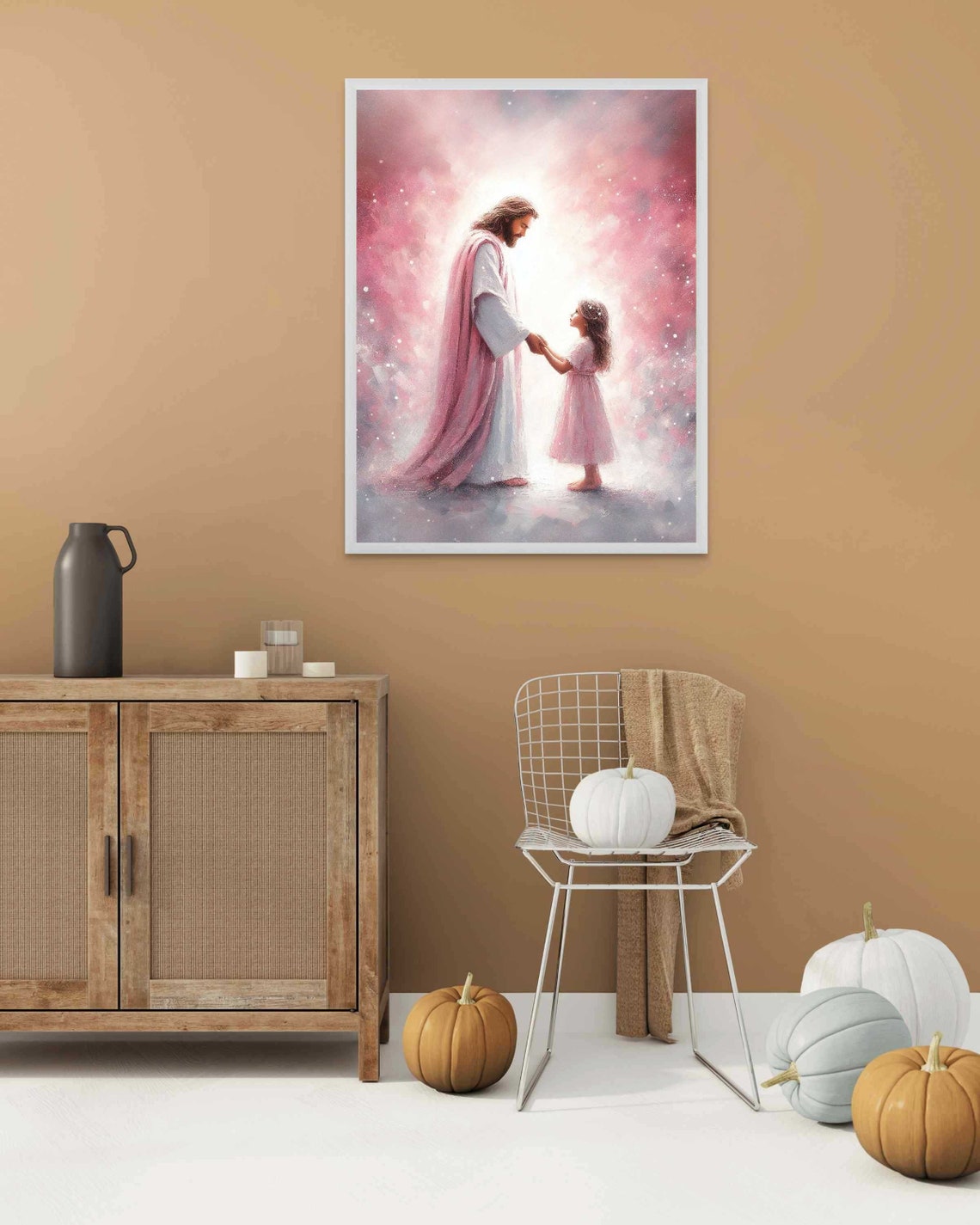 Jesus Holding Little Girl's Hand Under Starry Pink Sky Poster - Image 2
