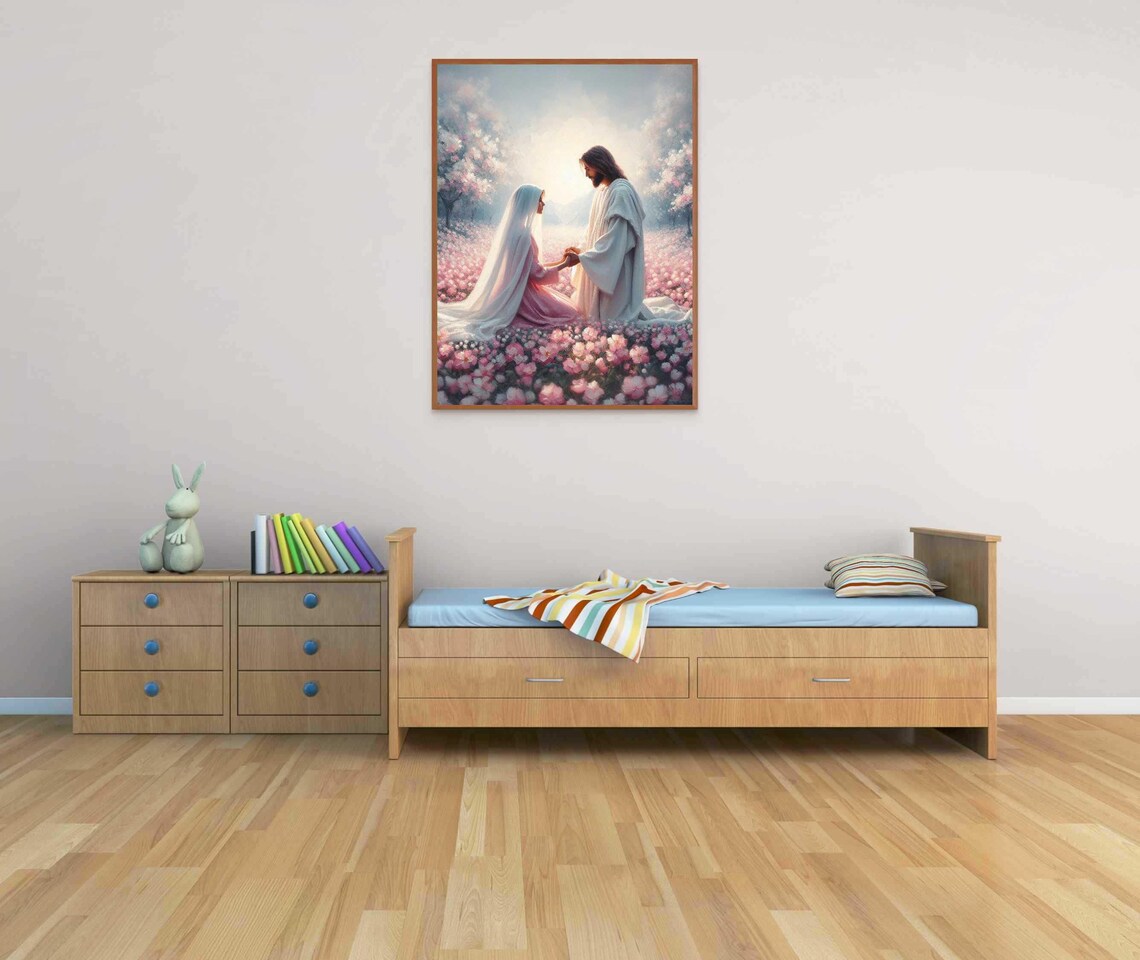 Jesus Holding Hands Veiled Woman Pink Flower Field Tender Christian Print - Image 3