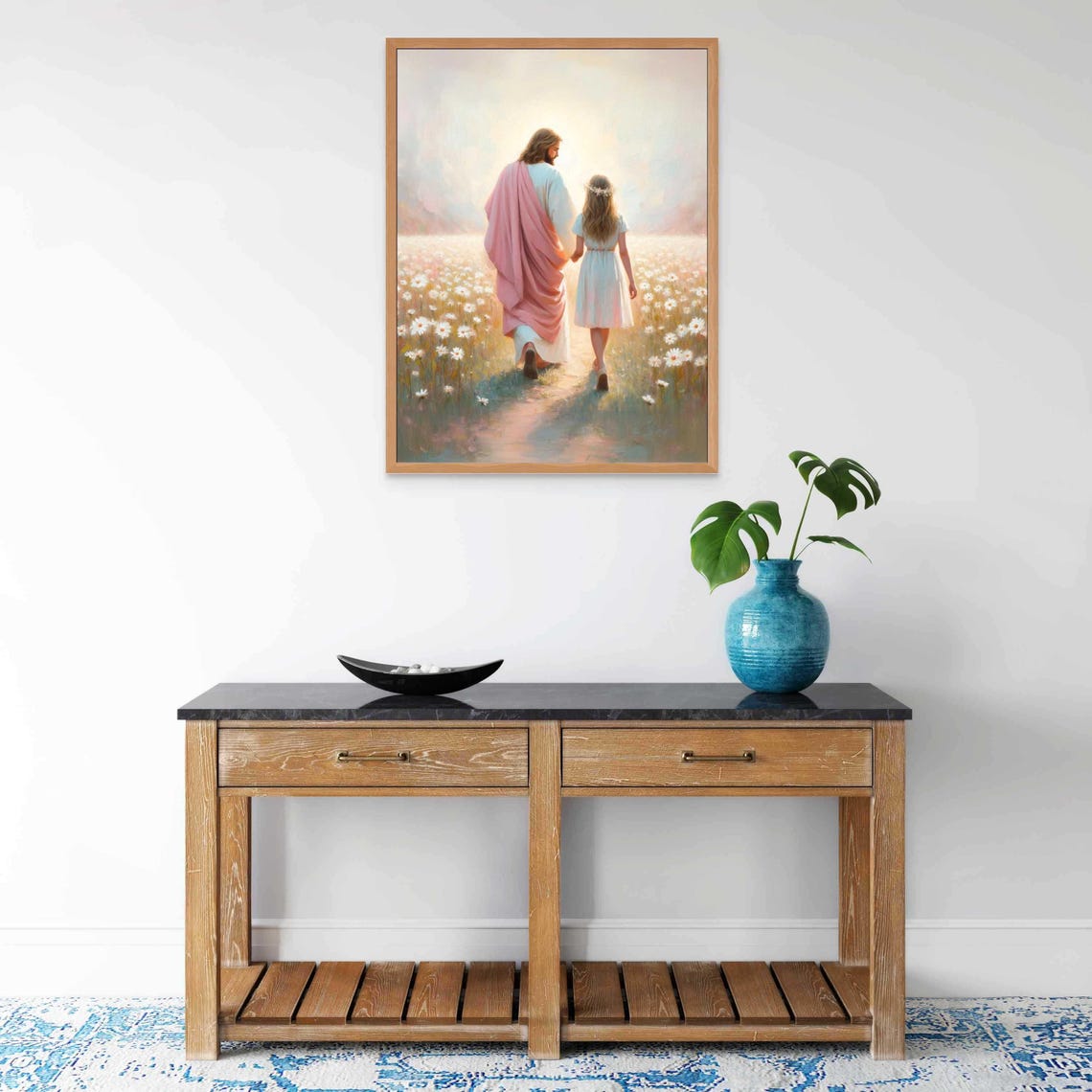 Jesus and Girl Walking Through Daisy Field in Soft Light Poster - Image 6