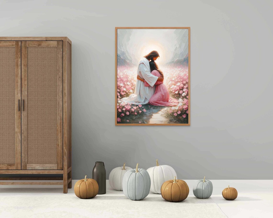 Jesus Christ Embracing Girl in Pink Wildflower Field Palette Knife Poster - Image 4