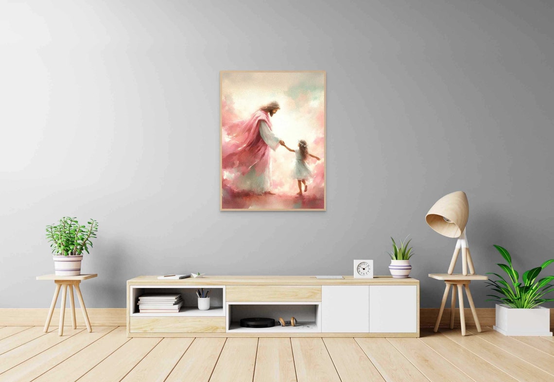 Jesus Dancing With Little Girl in Pink Clouds Joyful Art Poster - Image 6