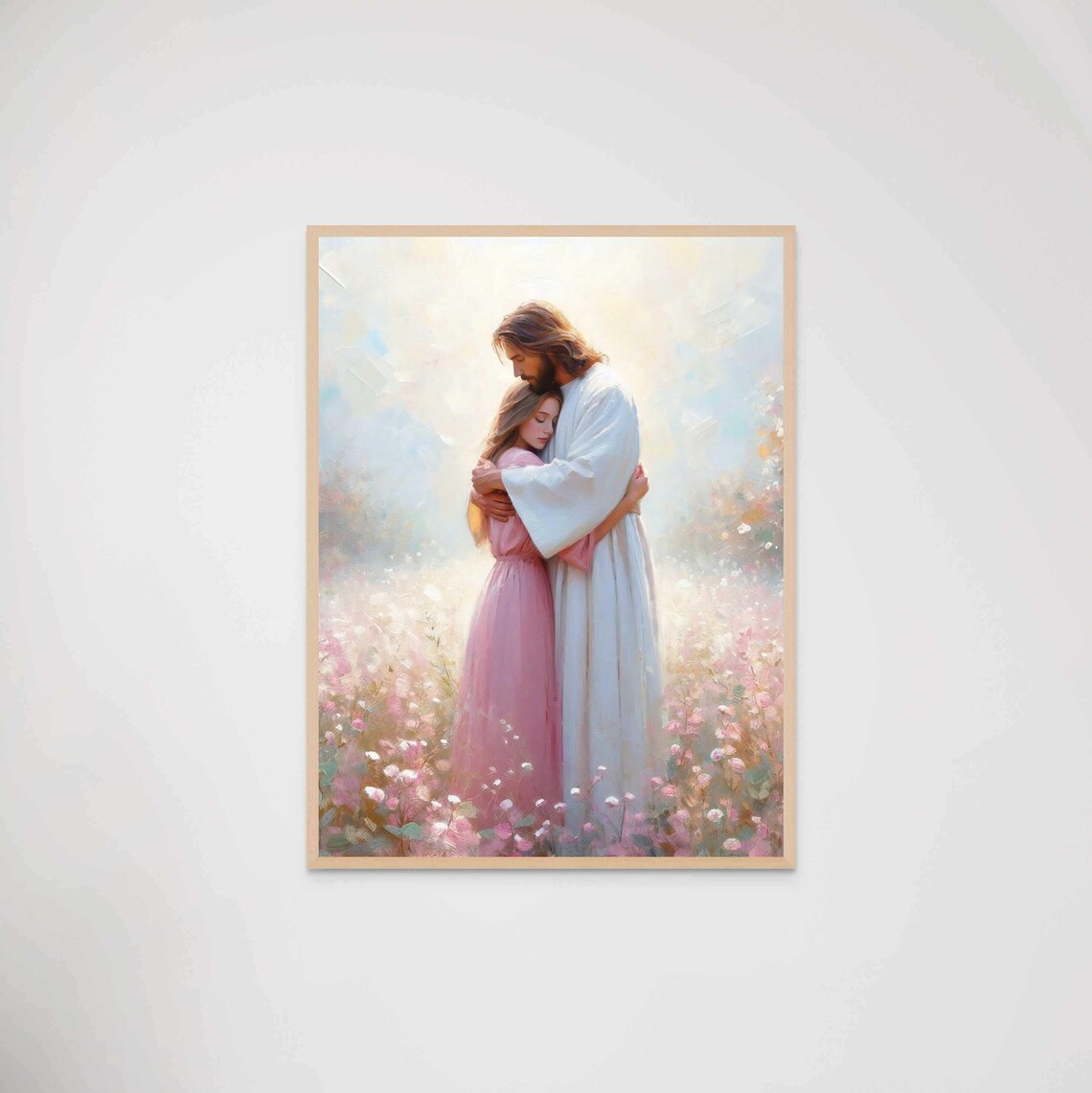 Jesus Hugging Woman Pink Dress Wildflower Meadow Tender Christian Poster