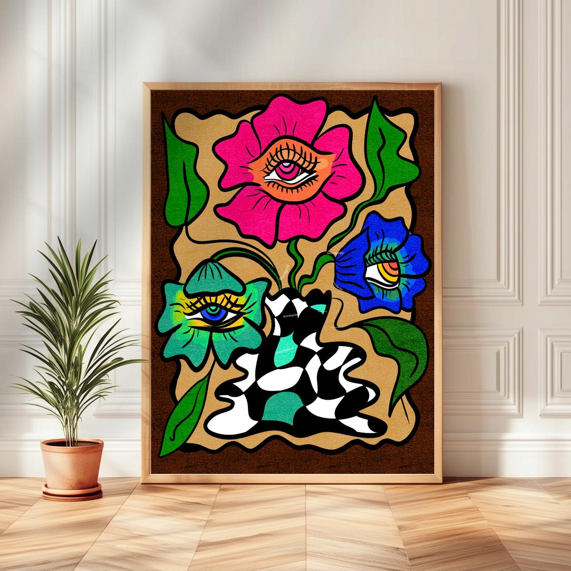 Psychedelic Flowers With Eyes In Checkerboard Vase Bold Art Poster - Image 2