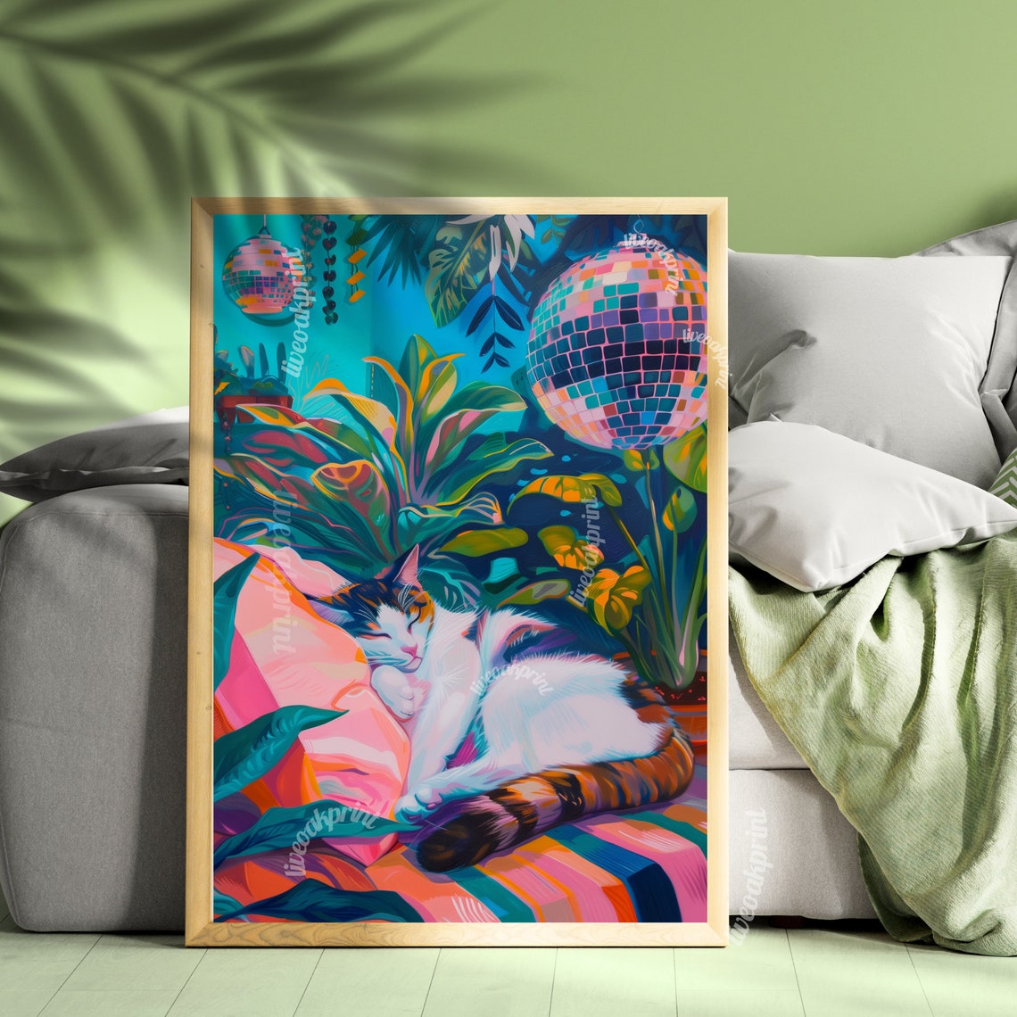Sleeping Calico Cat with Disco Balls Tropical Maximalist Poster