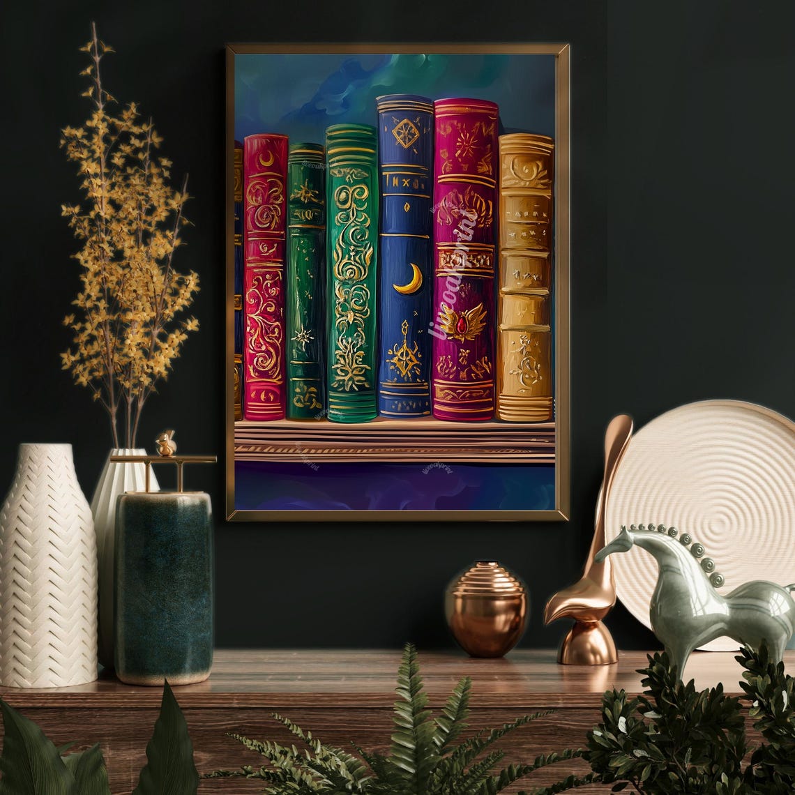 Magical Bookshelf Vertical Print Jewel Tones Decor Dark Academia Decor Celestial Bookshelf Art Mystical Reading Room Wall Art - Image 2