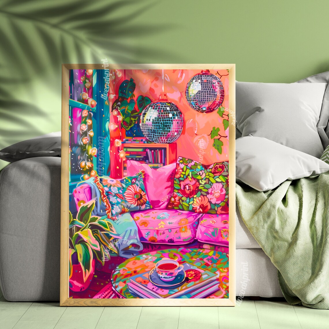 Disco Living Room Poster, Maximalist Pink And Orange