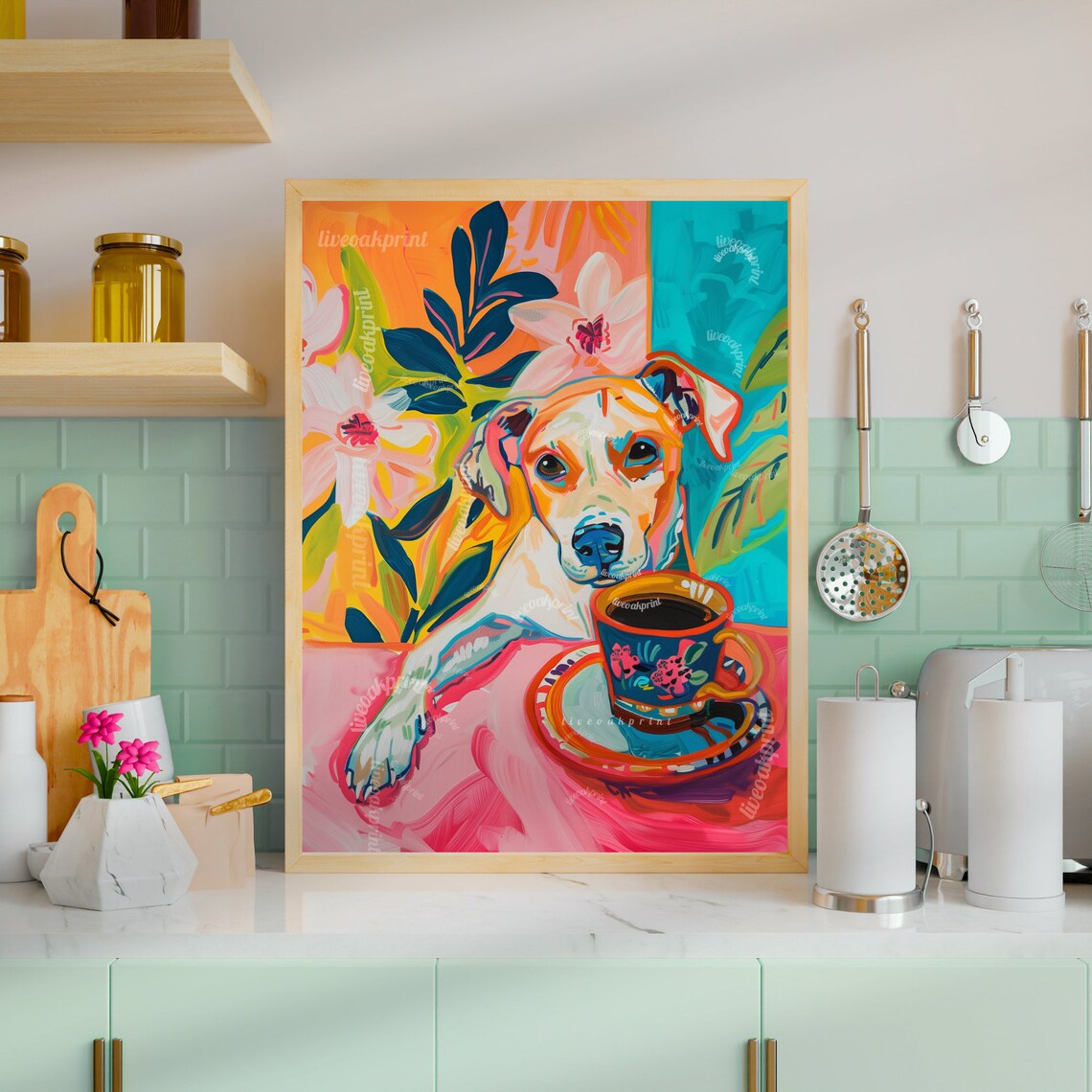 Dog With Coffee Print, Boho Kitchen Wall Art