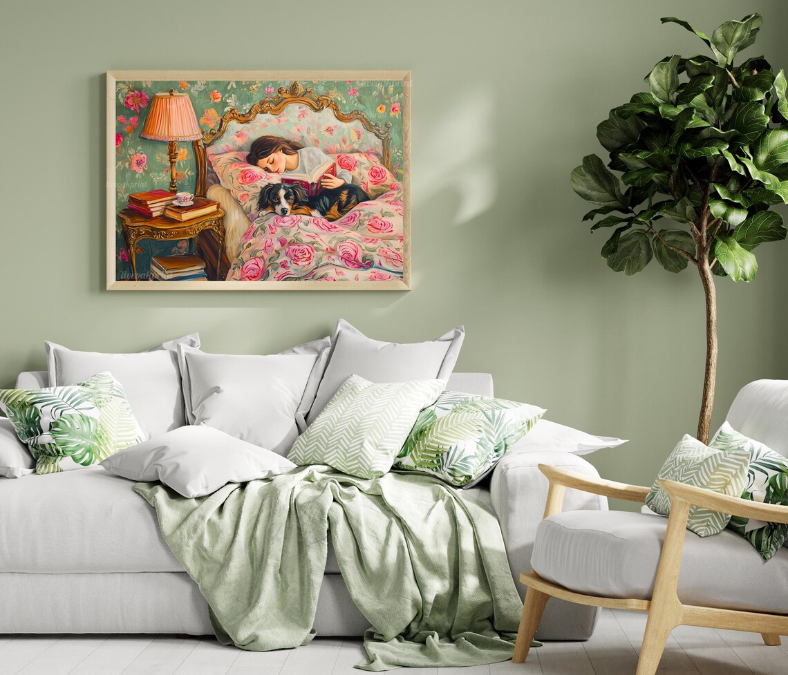 Cozy Reading In Bed With Dog Floral Bedding Vintage Bedroom Poster - Image 2