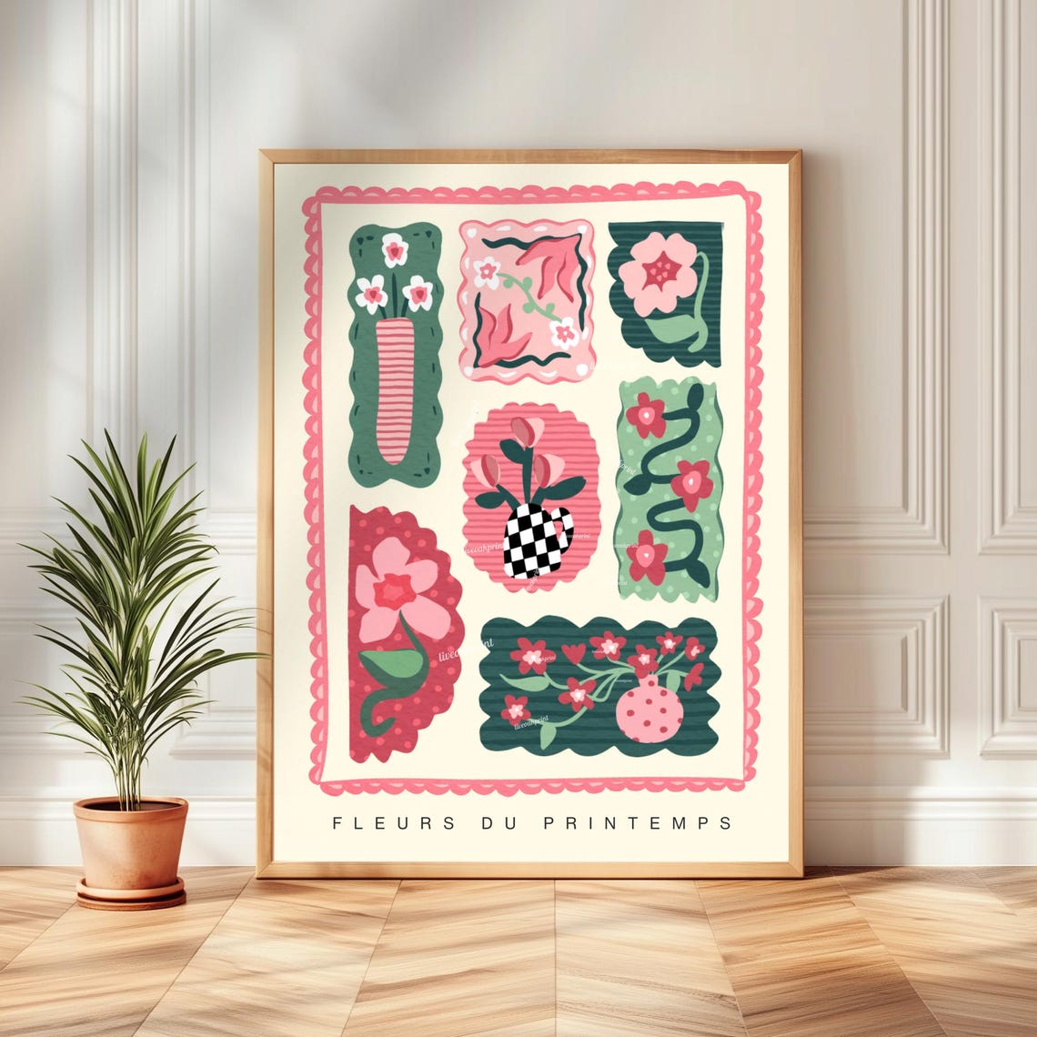 Fleurs Springtime Patchwork Floral Tiles In Pink And Green Poster