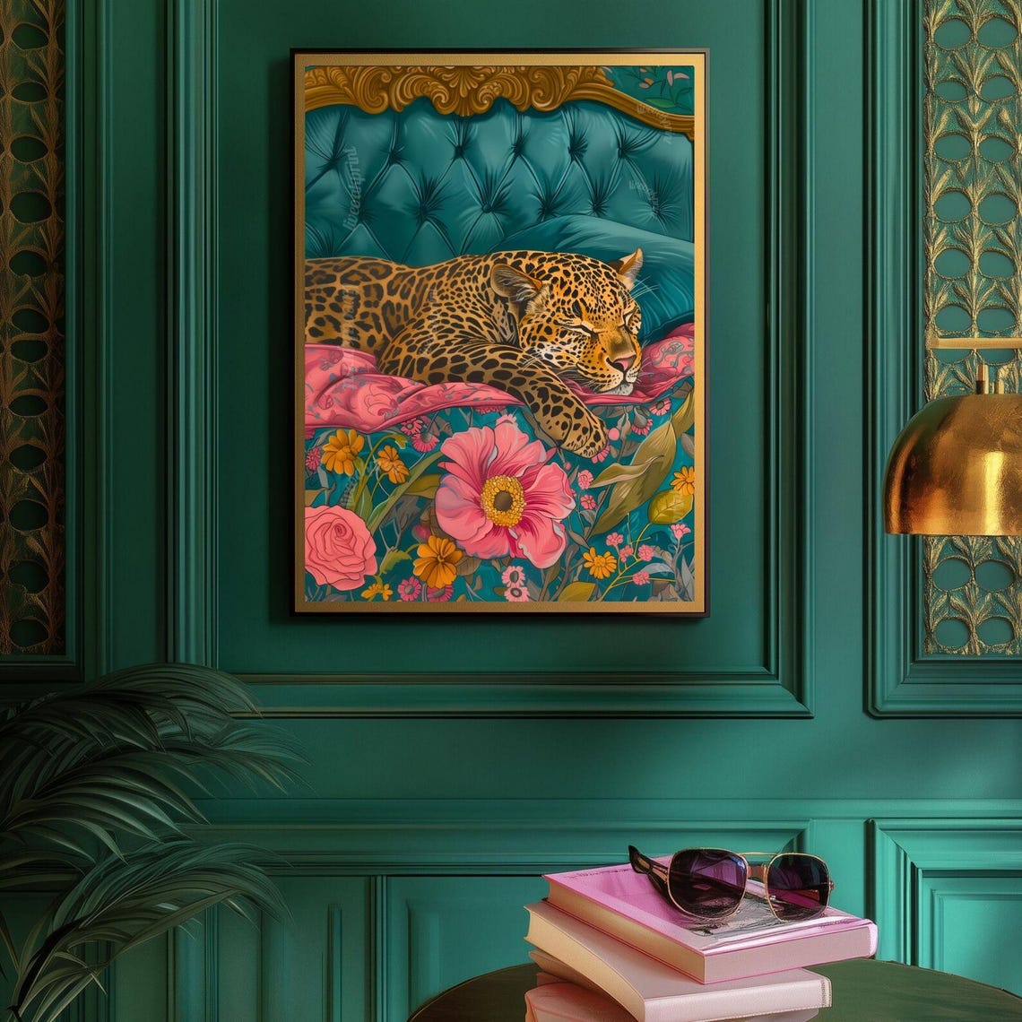 Sleeping Leopard On Floral Bed Maximalist Junglecore Bedroom Print