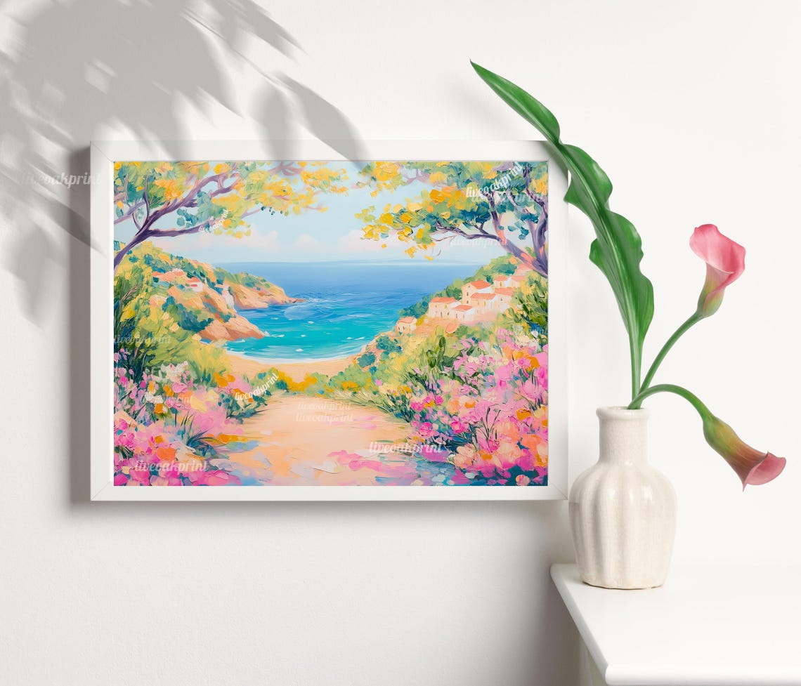 Pastel Mediterranean Cove with Flower Path Coastal Villa Poster - Image 3