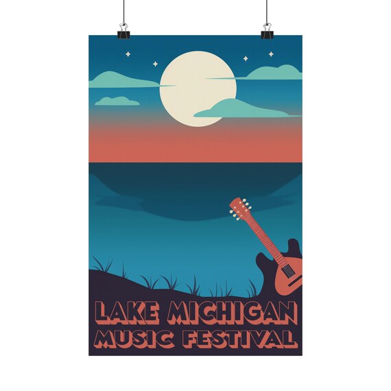 Lake Michigan Music Festival Retro Moonlight Guitar Concert Wall Poster