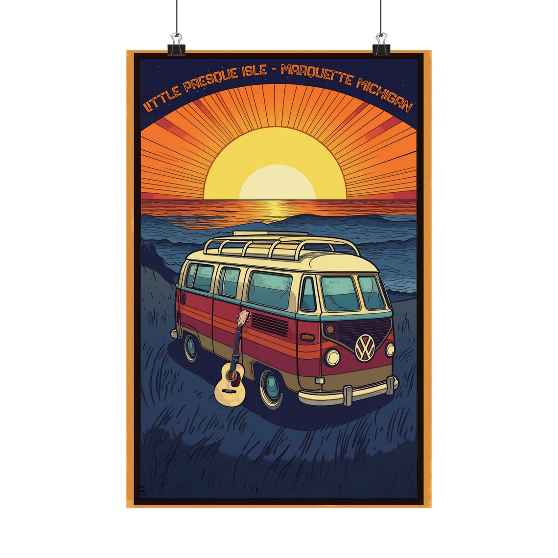 Little Presque Isle Marquette Michigan Retro Van Sunset Travel Poster