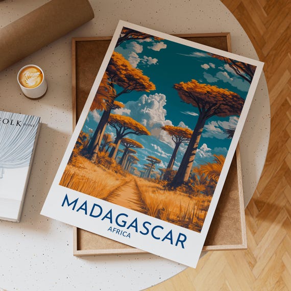 Madagascar Baobab Tree Art Print Featuring Avenue Of The Baobabs With Dramatic Sky And Golden Grassland Landscape In Africa Traveler Gift