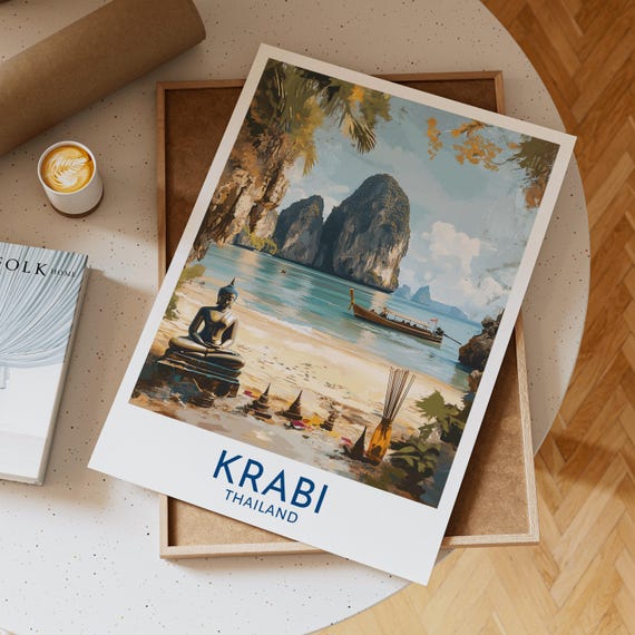 Krabi Thailand Wall Art Print With Longtail Boat Buddha Statue And Tropical Cliffs Zen Beach Poster For Boho Home Decor Unique