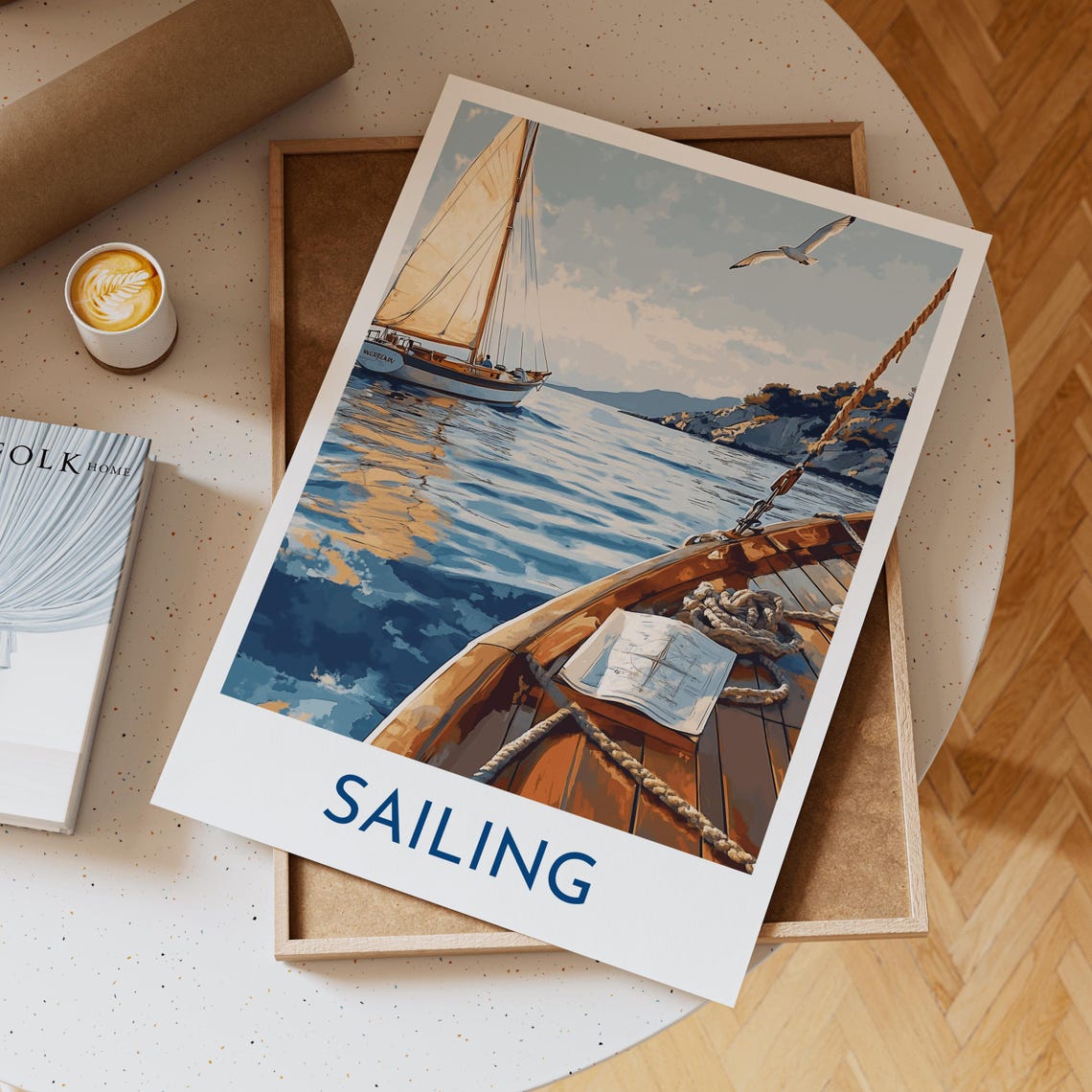 Sailing Nautical Sailboat Deck Calm Blue Sea Coastal Vintage Poster