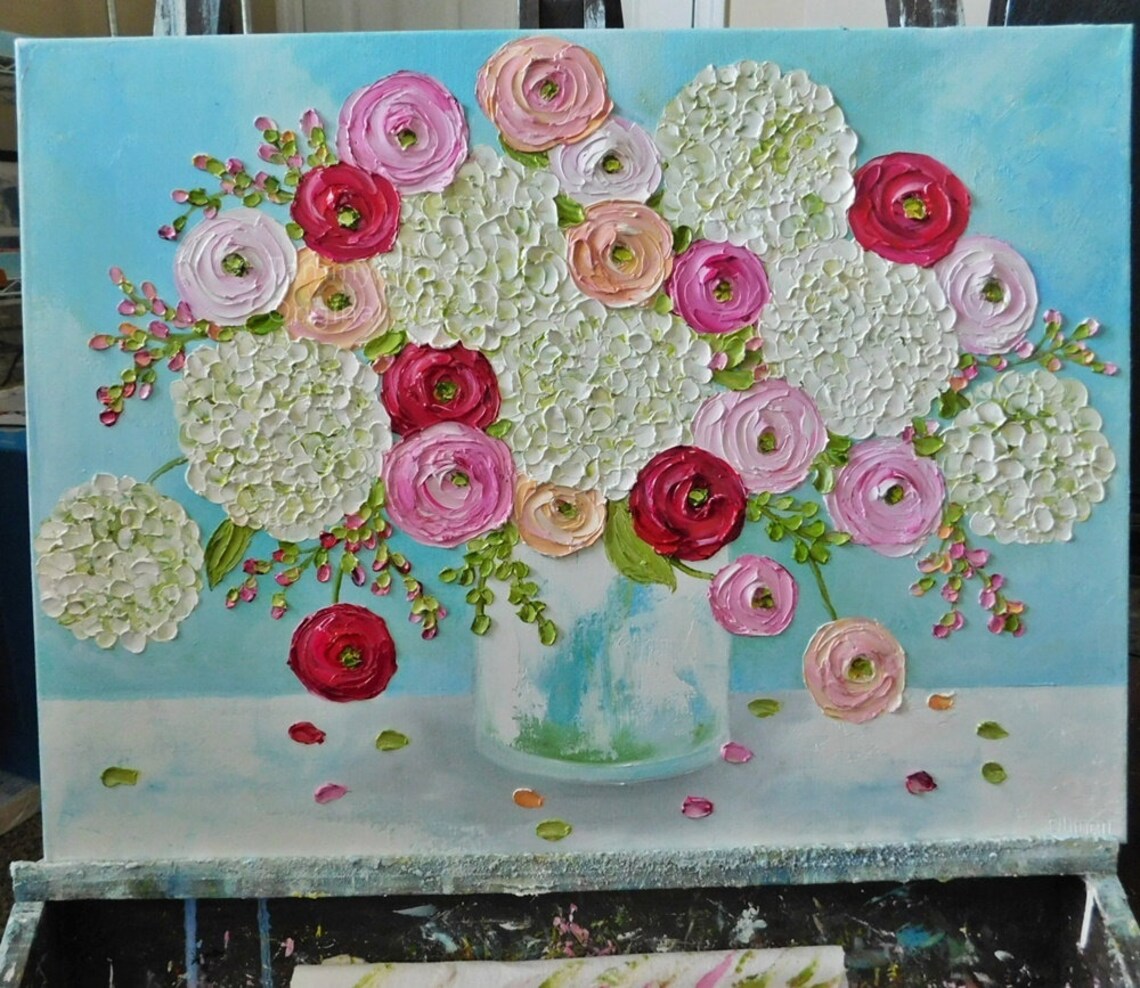 Custom White Hydrangea & Mixed Ranunculus Oil-Style Art Print - Image 3