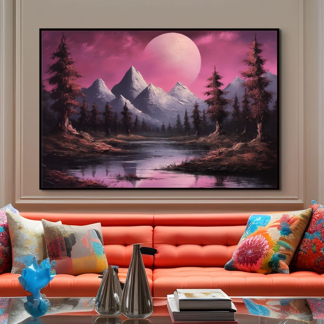 Snow Capped Mountain Painting Surreal Landscape Wall Art Nature Inspired Home Decor For Cozy Living Spaces