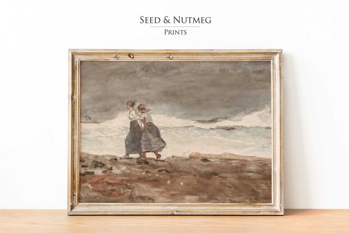 Two Women Windswept Beach Vintage Seascape Neutral Tones Poster