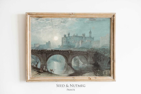 European Castle At Night Vintage Muted Neutral Wall Decor Wall Art Oil Painting Print 80