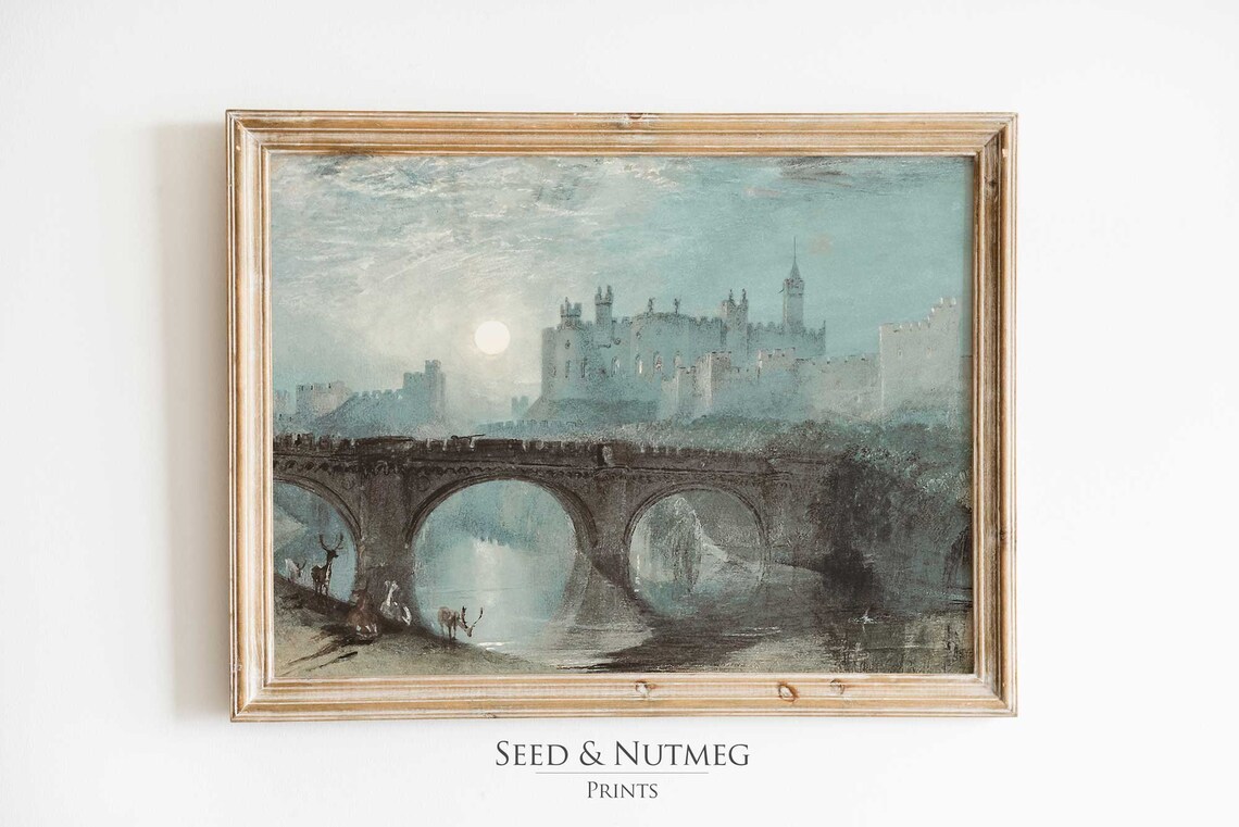 European Castle Moonlit Bridge Night Vintage Landscape Painting Poster