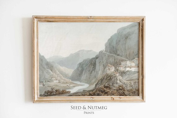 Vintage Muted Neutral European Mountain Town Painting Wall Decor Wall Art Oil Painting Print 110